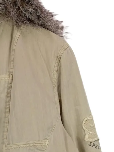 SOCCX Damen Leichte Jacke Parka Gr. 42/XL Beige Kapuze Fellbesatz Casual