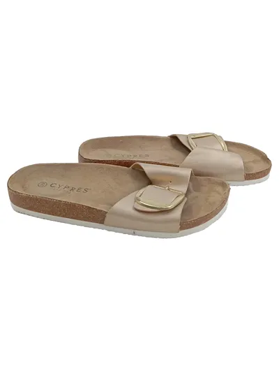 CYPRES Damen Pantoletten Gr. 39 Gold Komfortable Sandalen mit Schnalle