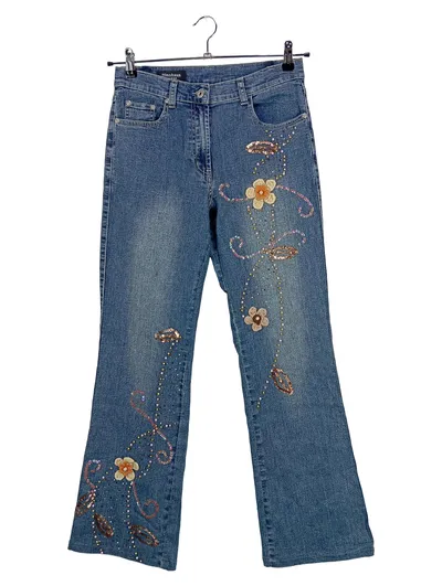 Nienhaus Jeans Damen Straight Leg Blumen Pailletten Blau Gr. 38