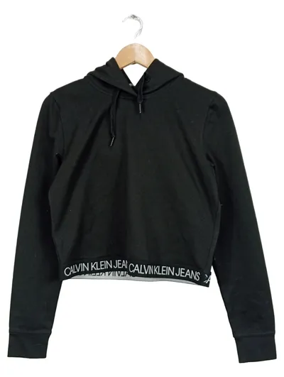 Calvin Klein Jeans Damen Cropped Hoodie Kapuzenpullover Schwarz Gr. L