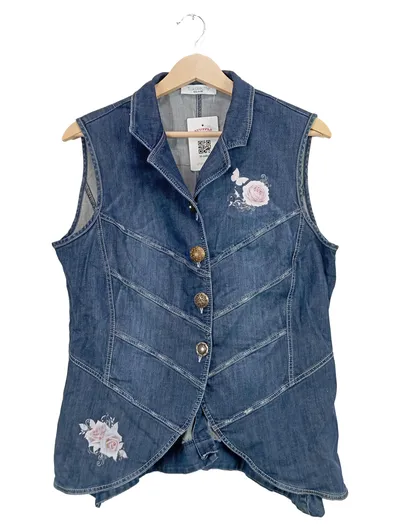 Elisa Cavaletti Damen Jeans Weste Blumenstickerei Gr. 38/M Blau Feminin