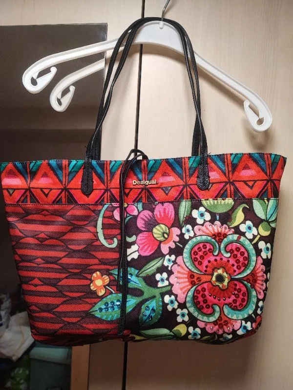 Desigual Damen Henkeltasche Groß Blumenmuster Pailletten Boho Mehrfarbig 2