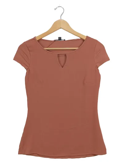 comma, Damen T-Shirt Gr. 32 Braun Kurzarm Rundhals Schlüsselloch Casual