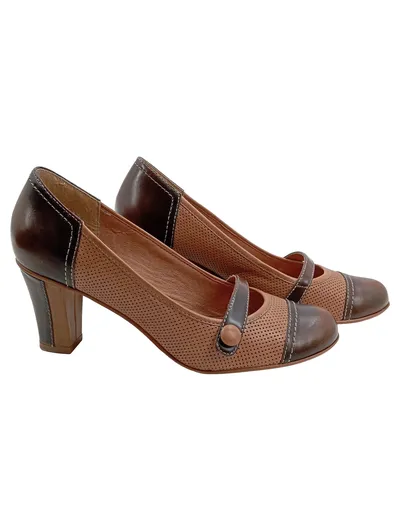 Damen Pumps Leder Braun Vintage Blockabsatz Gr. 38 Perforiert