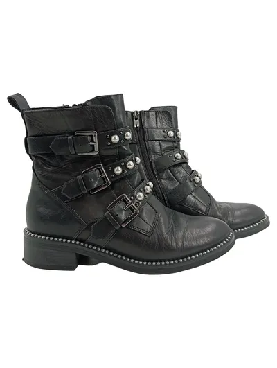 Tamaris Biker-Stiefelette Damen Schwarz Leder Gr. 38 mit Perlen Nieten