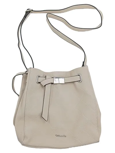 Tamaris Damen Beuteltasche Handtasche Creme Beige Elegant Logo-Prägung