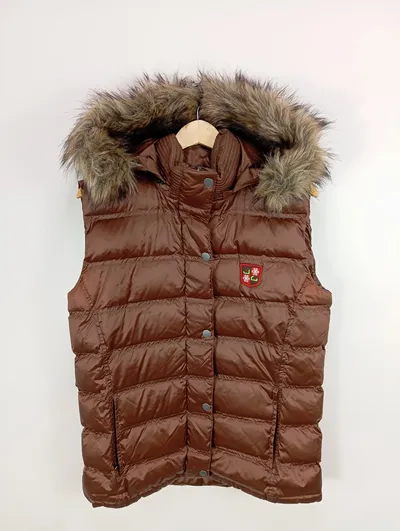 Jeff Green Damen Steppweste Gr. 42 Braun Outdoor Kapuze Fellbesatz