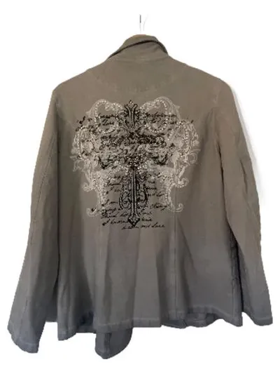 Body Needs Damen Blazer Gr. 42/XL Grau Kreuz-Print Nieten Casual