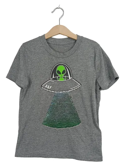 Abercrombie & Fitch Kinder T-Shirt Alien UFO Pailletten Gr. 116 Grau