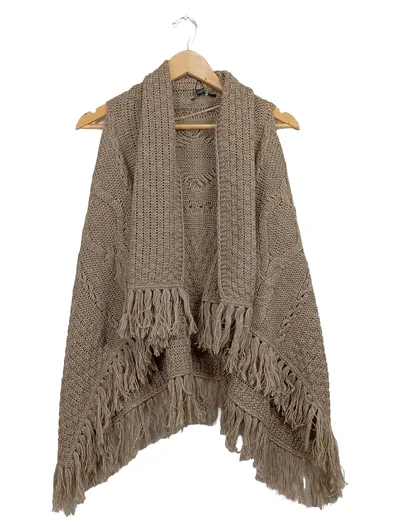 ETAM Damen Poncho Strick Beige Gr. 36/S Casual Fransen Strickmuster