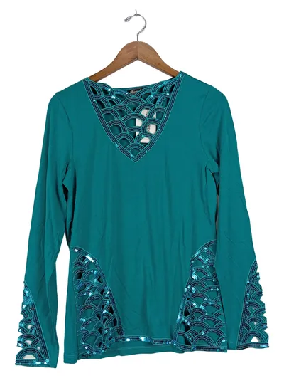 Ricarda M. Damen Bluse Gr. 36/S Türkis Elegant Pailletten Cut-Outs Langarm