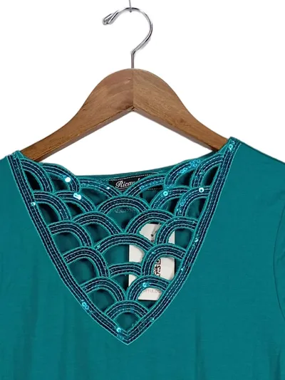 Ricarda M. Damen Bluse Gr. 36/S Türkis Elegant Pailletten Cut-Outs Langarm