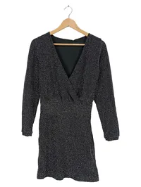 Mango MNG Damen Wickelkleid Glitzer Schwarz Langarm Gr. XS 34 1