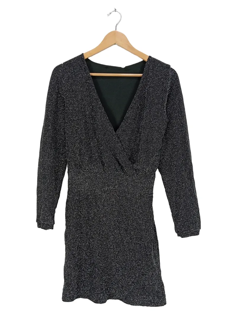 Mango MNG Damen Wickelkleid Glitzer Schwarz Langarm Gr. XS 34 3