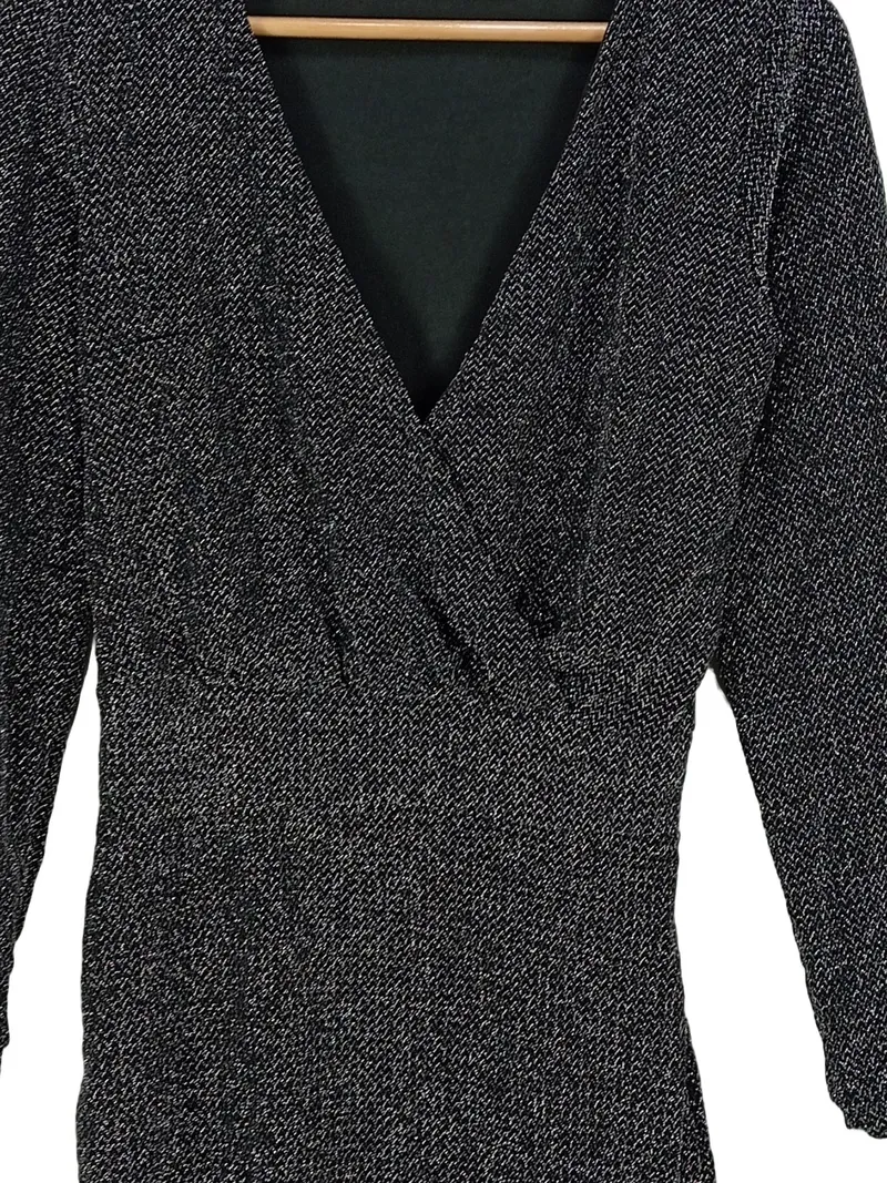 Mango MNG Damen Wickelkleid Glitzer Schwarz Langarm Gr. XS 34 4