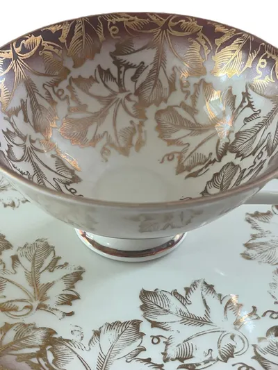 Bareuther Bavaria Tasse Unterteller Vintage Weiß Gold Blattmuster Porzellan
