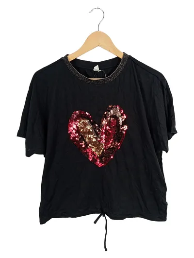 Q/S designed by Damen T-Shirt Kurzarm Schwarz Gr. 38/M Pailletten Glitzer