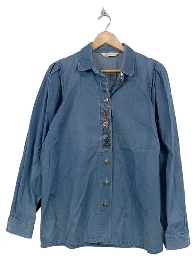 Julius Lang Trachtenbluse Damen Langarm Blau Stickerei Gr. 38 Baumwolle