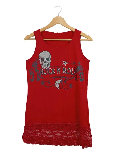 ElleNor Damen Top Rot M 38 Streetwear Totenkopf Rock N Roll Spitze