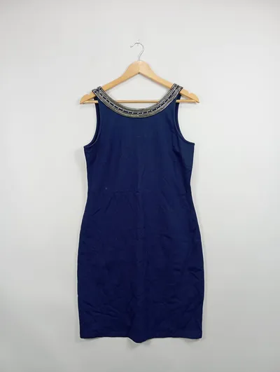 MISS VIA Damen Businesskleid Gr. 40 Blau Elegant Ärmellos Perlen
