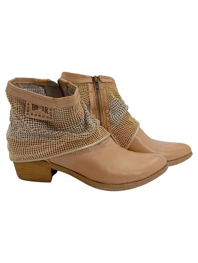 BUNKER Damen Stiefelette Gr. 36 Beige Modisch Nieten Reißverschluss
