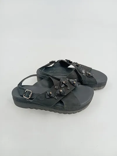 Paul Green Sandaletten Damen Gr. 38 Schwarz Wildleder Schnalle Applikationen