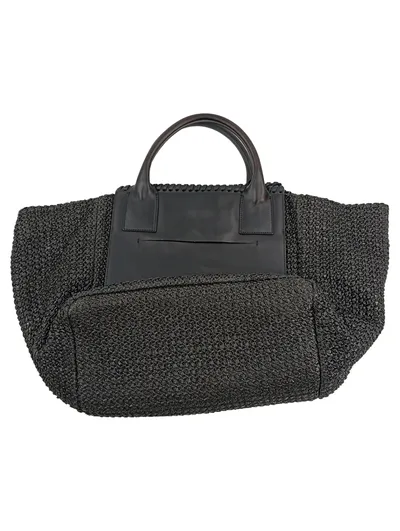 Uterqüe Moderne Schwarze Henkeltasche Korbtasche mit Lederdetails Damen
