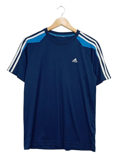 Adidas Sport Shirt Herren Gr. M Blau 3-Streifen T-Shirt Kurzarm
