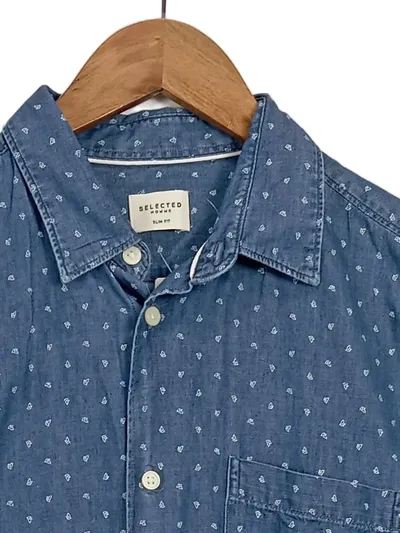 SELECTED HOMME Herren Business Hemd Langarm Blau L 50 Grafik Muster Baumwolle