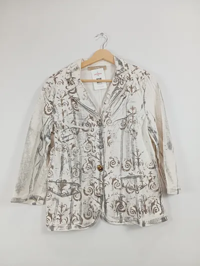 Bottega Damen Bluse Gr. L Barock Muster Beige Braun Vintage Zierknöpfe