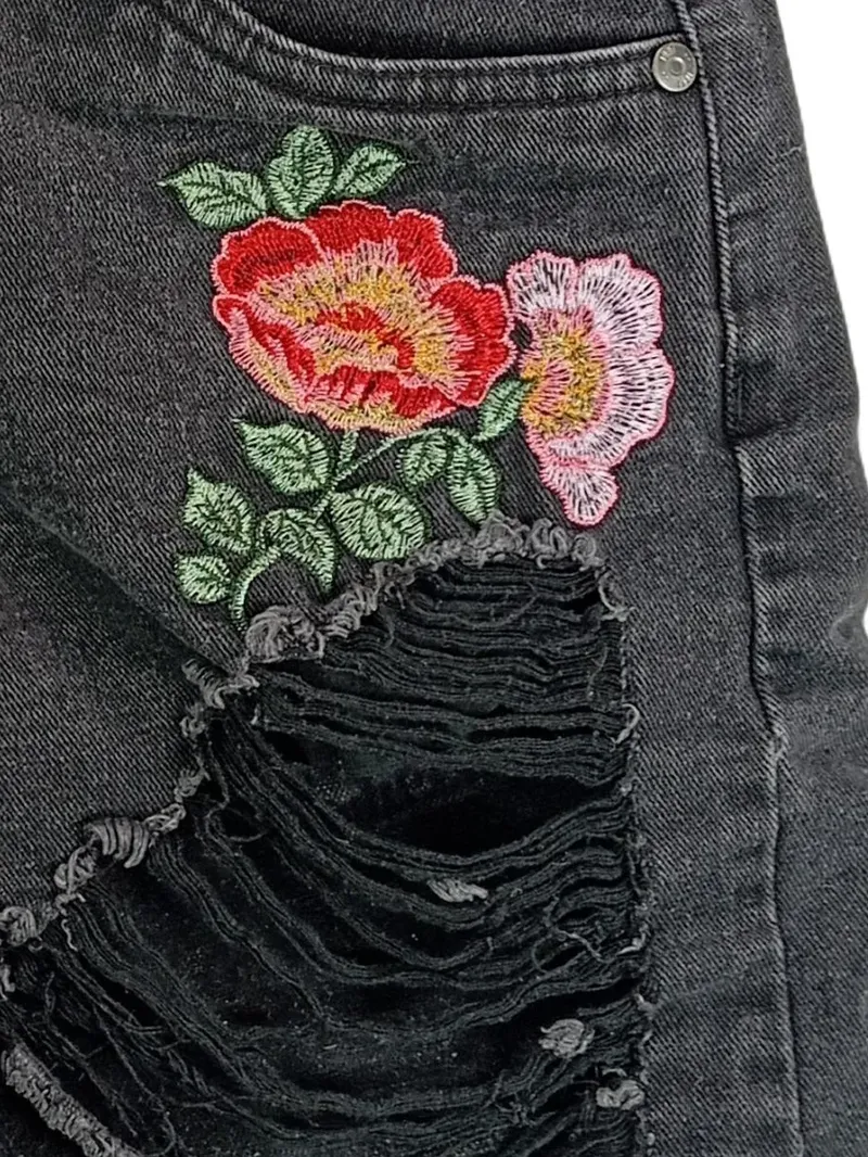 Cotton On Damen Jeans Shorts Gr. 38 Schwarz mit Stickerei & Fransen 5
