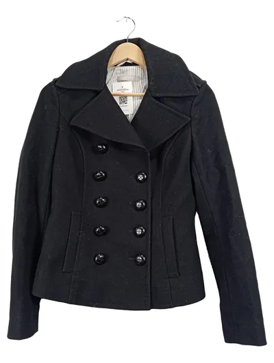 Stefanel Damen Kurzmantel Peacoat Doppelreiher Wolle Gr. 40 Schwarz