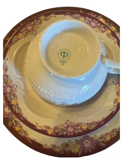 Lettin Porzellan Tasse Untertasse Teller 3-tlg Blumen Vintage Mehrfarbig 19cm