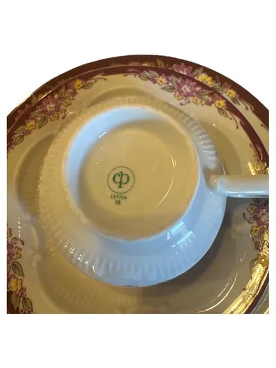 Lettin Porzellan Tasse Untertasse Teller 3-tlg Blumen Vintage Mehrfarbig 19cm