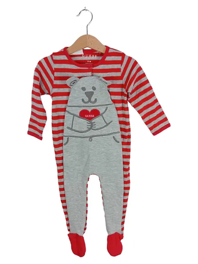 GUESS Baby Schlafanzug Strampler Gr. 80 Rot Gestreift mit Teddy Applikation
