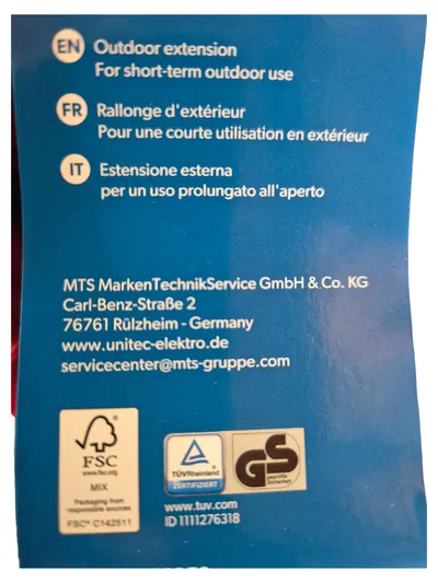 Unitec Verlängerungskabel Outdoor Netzkabel Stromkabel Rot Garten