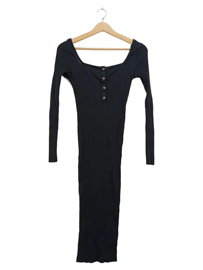ASOS Damen Strickkleid Midi Rippstrick Langarm Schwarz Gr. 36 S