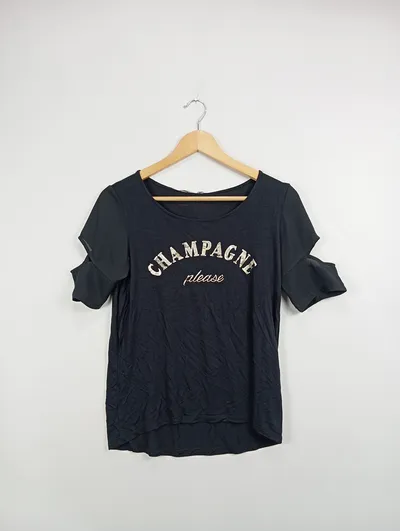 GUESS Damen T-Shirt Schwarz Modisch Champagne please Aufdruck Gr. XS