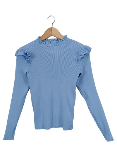 ONLY Damen Reitbluse mit Rüschen, Gr. 34;XS, Blau, Rippstrick