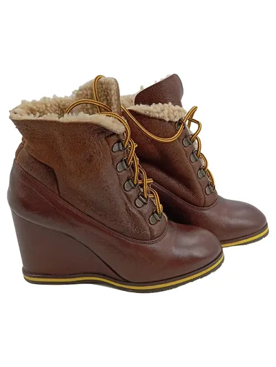 Marc Cain Damen Stiefeletten Gr. 37 Braun Leder Keilabsatz Fellfutter
