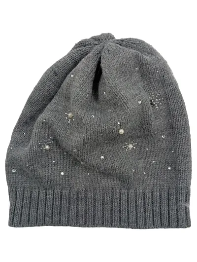 MORE & MORE Damen Mütze Beanie Grau Strass Perlen Elegant Strick