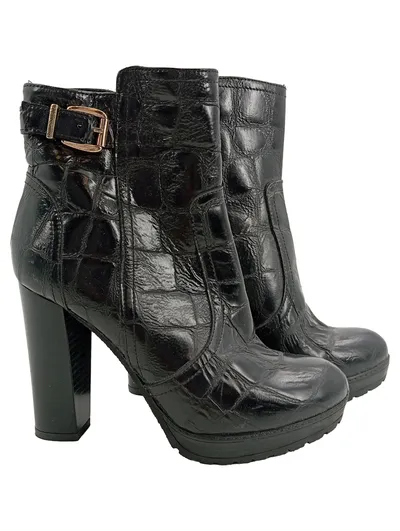 Marc Cain Damen Stiefeletten Gr. 37 Leder Kroko Optik Reißverschluss Schnalle