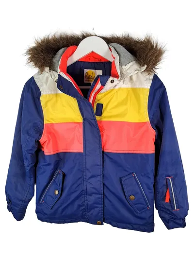 Boden Kinder Winterjacke Gr. 140 Kapuze Fellbesatz Blau Gelb Rot