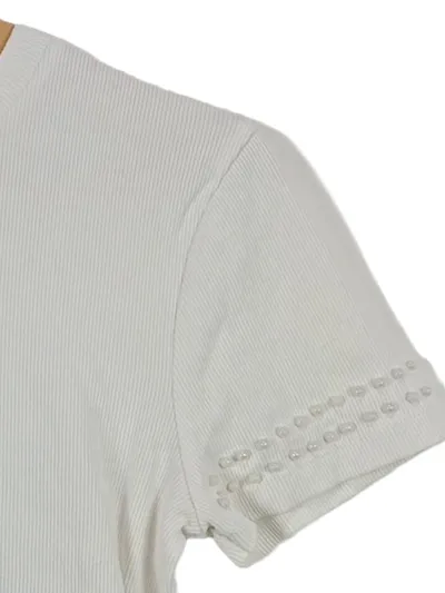 Zara Damen T-Shirt Rippstrick Perlen Kurzarm Weiß Gr. M