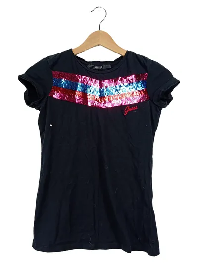 GUESS Damen T-Shirt Gr. S Schwarz Pailletten Streifen Logo Baumwolle