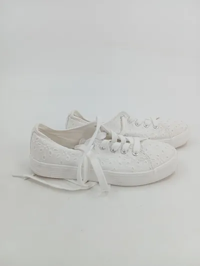 MNG Damen Schnürschuhe Sneaker Gr. 37 Weiß Casual Florales Muster