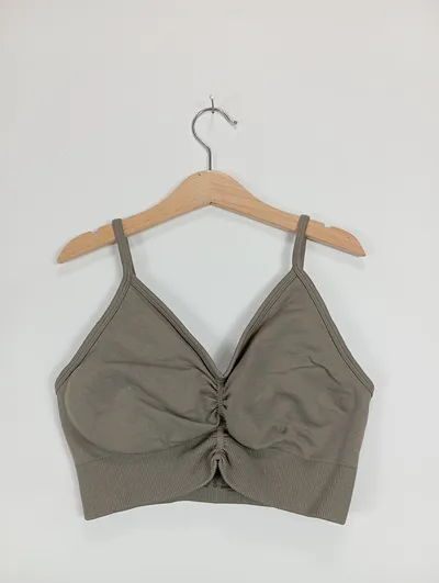 TEVEO Bustier Sport BH Damen Oliv Gr. S Rippstrick Raffung Logo Sportlich