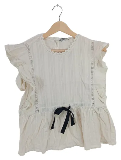TRF BY ZARA Damen Bluse Gr. 38/M Beige Feminin Rüschen Spitze Schleife