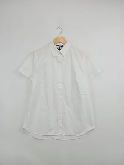 LANDS' END Damen Business Kurzarmhemd Gr. 42/XL Weiß Baumwolle