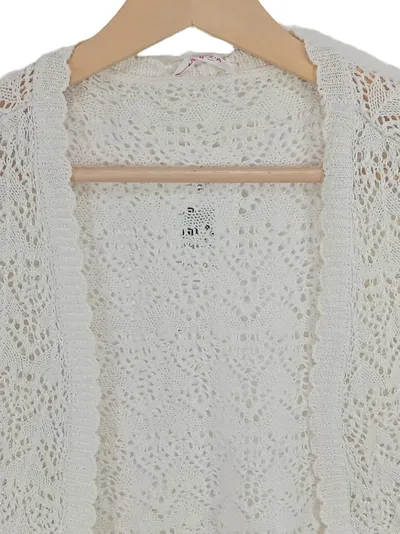 COLZA Damen Strickjacke Kurzarm Gr. 38/M Weiß Lochmuster Cardigan